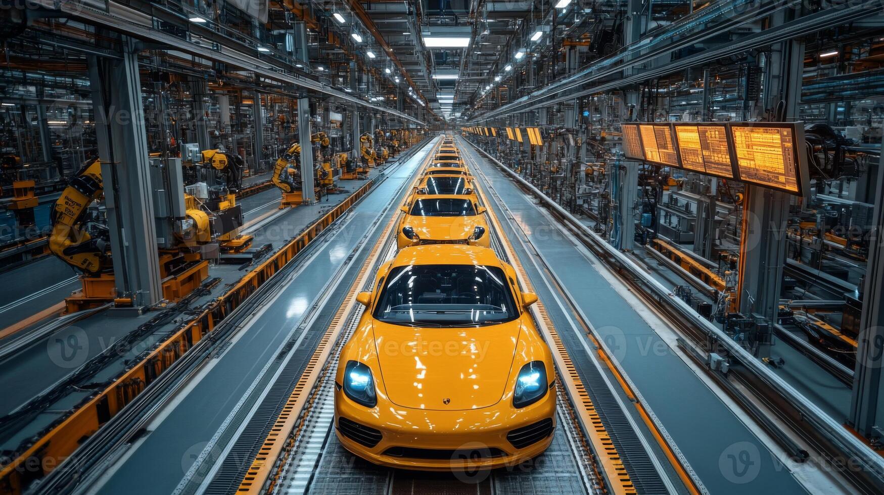 A state-of-the-art manufacturing facility showcases yellow cars moving through an automated assembly line. Robotic arms engage in precise tasks, enhancing production efficiency. photo