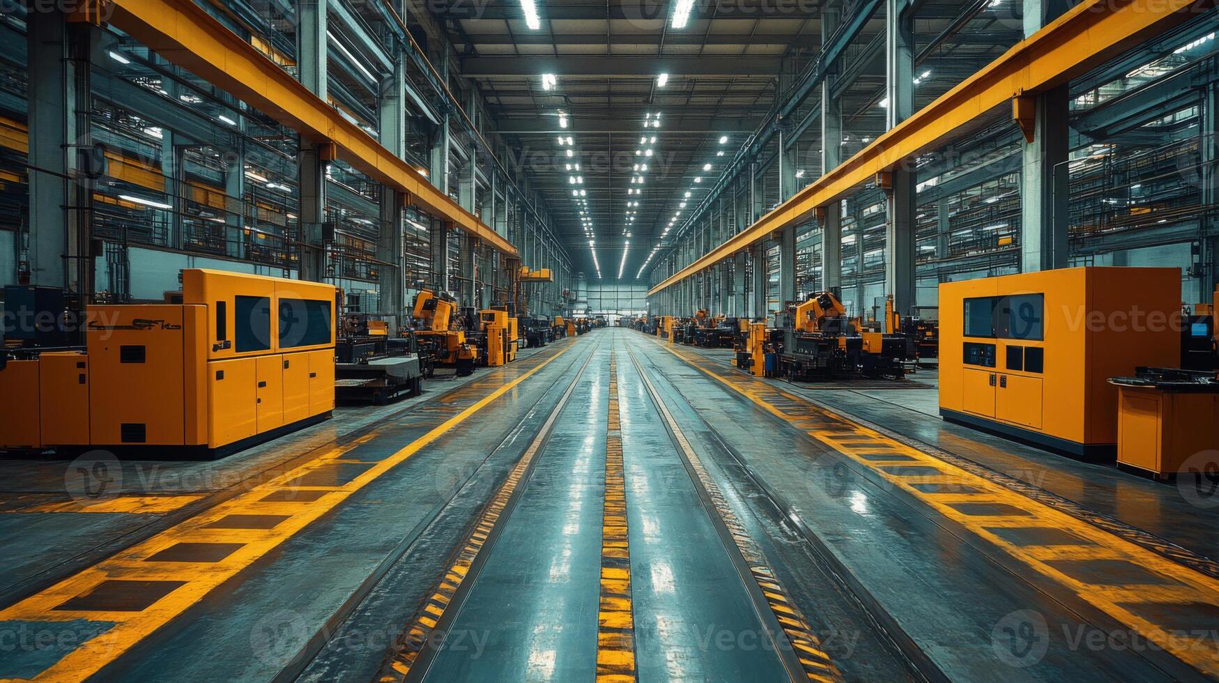 This advanced manufacturing space features automated machinery arranged along wide, clean aisles. Safety equipment is visible as workers efficiently oversee operations in a well-lit factory setting. photo