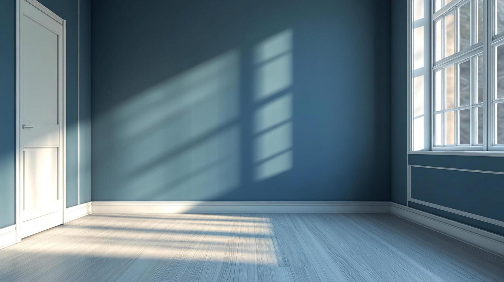 Blue walled room with natural light. The sunlight streams through the window, creating patterns on the wall and emphasizing the room's depth. photo
