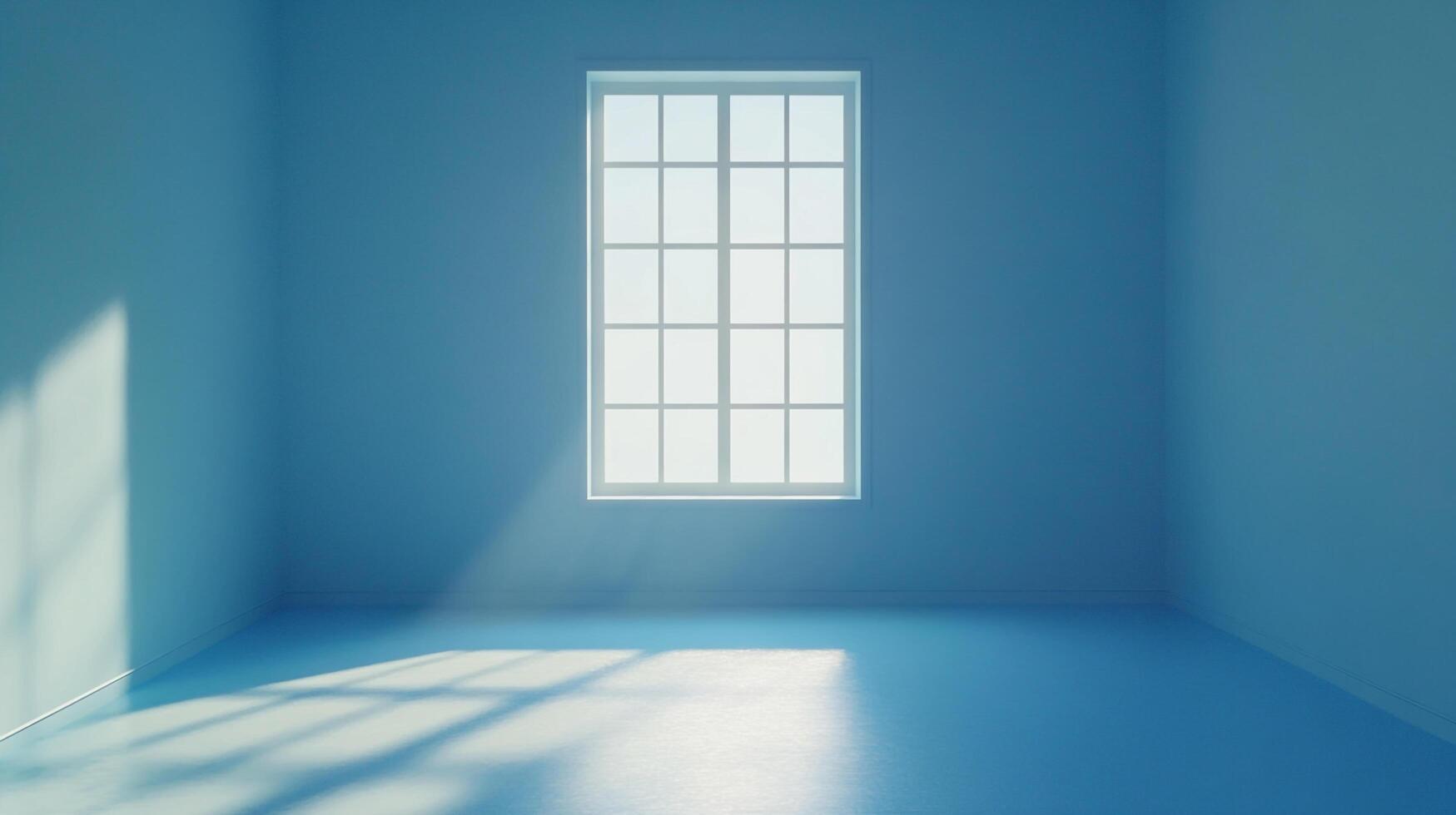 Serene blue room bathed in soft light streaming through a window, creating a peaceful and calming atmosphere. Interior design concept. photo