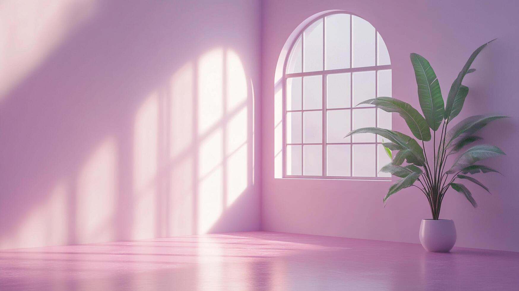 Minimalist interior with a large arched window casting light on pastel walls and a lush potted plant adding a touch of nature. photo