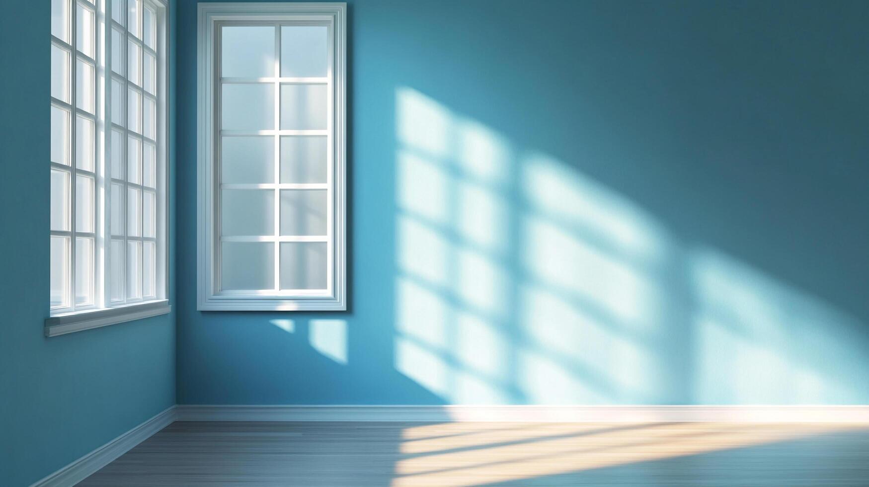 Bright empty room with sunlight streaming in through windows, creating shadows on the turquoise wall and light wood floor. photo
