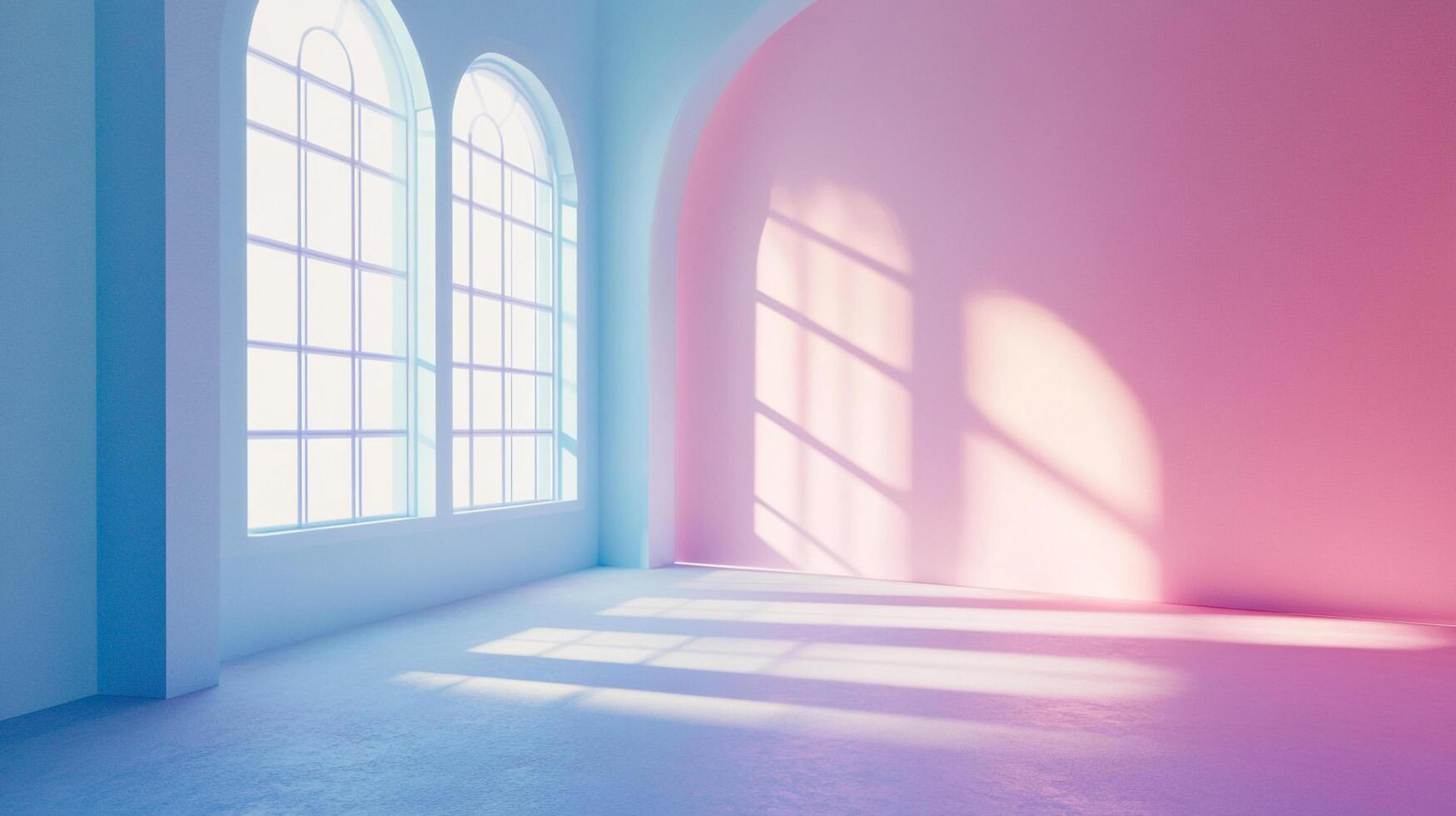 Minimalist room featuring arched windows and a doorway, bathed in gradient sunlight, creating a serene, modern aesthetic space. photo