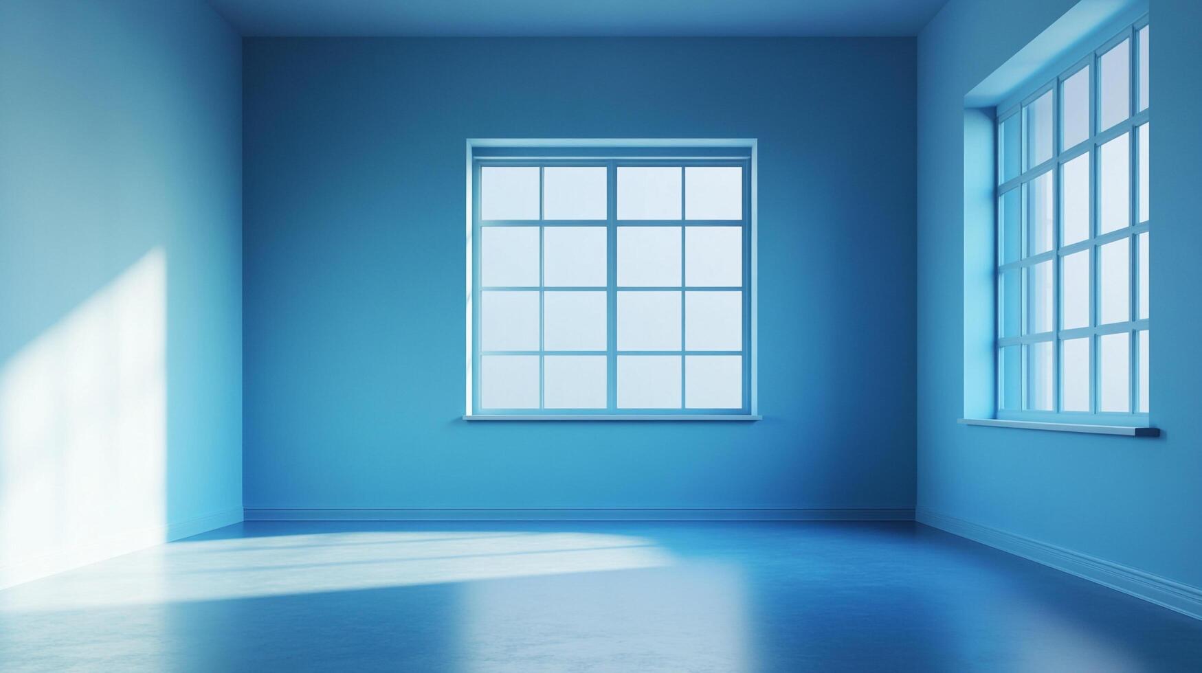Minimalist blue room with natural light streaming through grid windows, creating a serene and modern architectural interior. photo