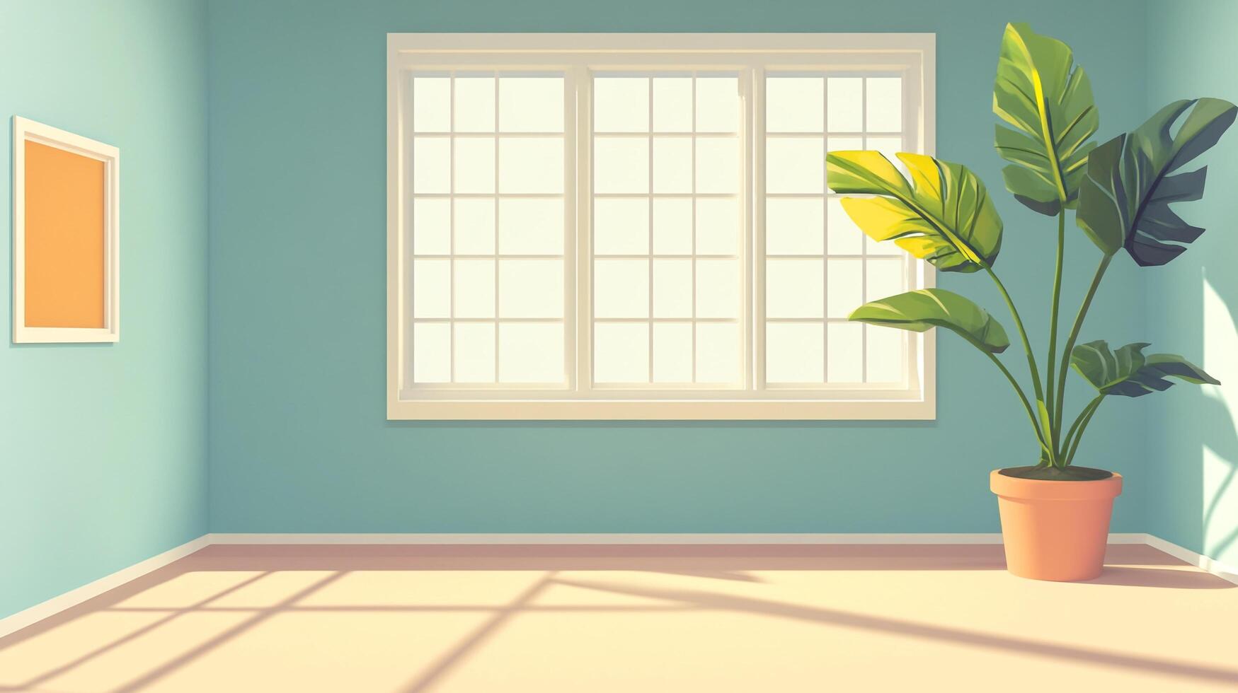 Serene room with natural light, plant adding life to minimalist aesthetic. Empty frame invites creative expression. Calm, inviting space. photo