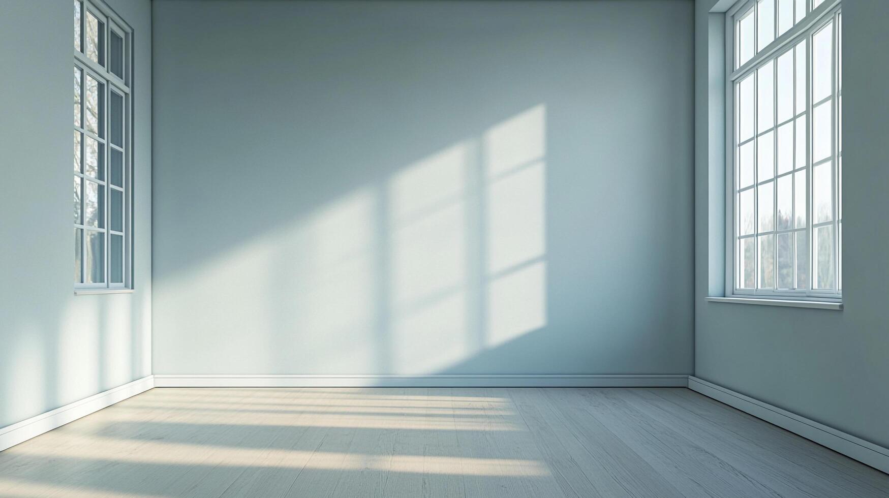 Bright room with ample sunlight streaming through large windows, creating a serene atmosphere. The bare space exudes minimalist charm. photo