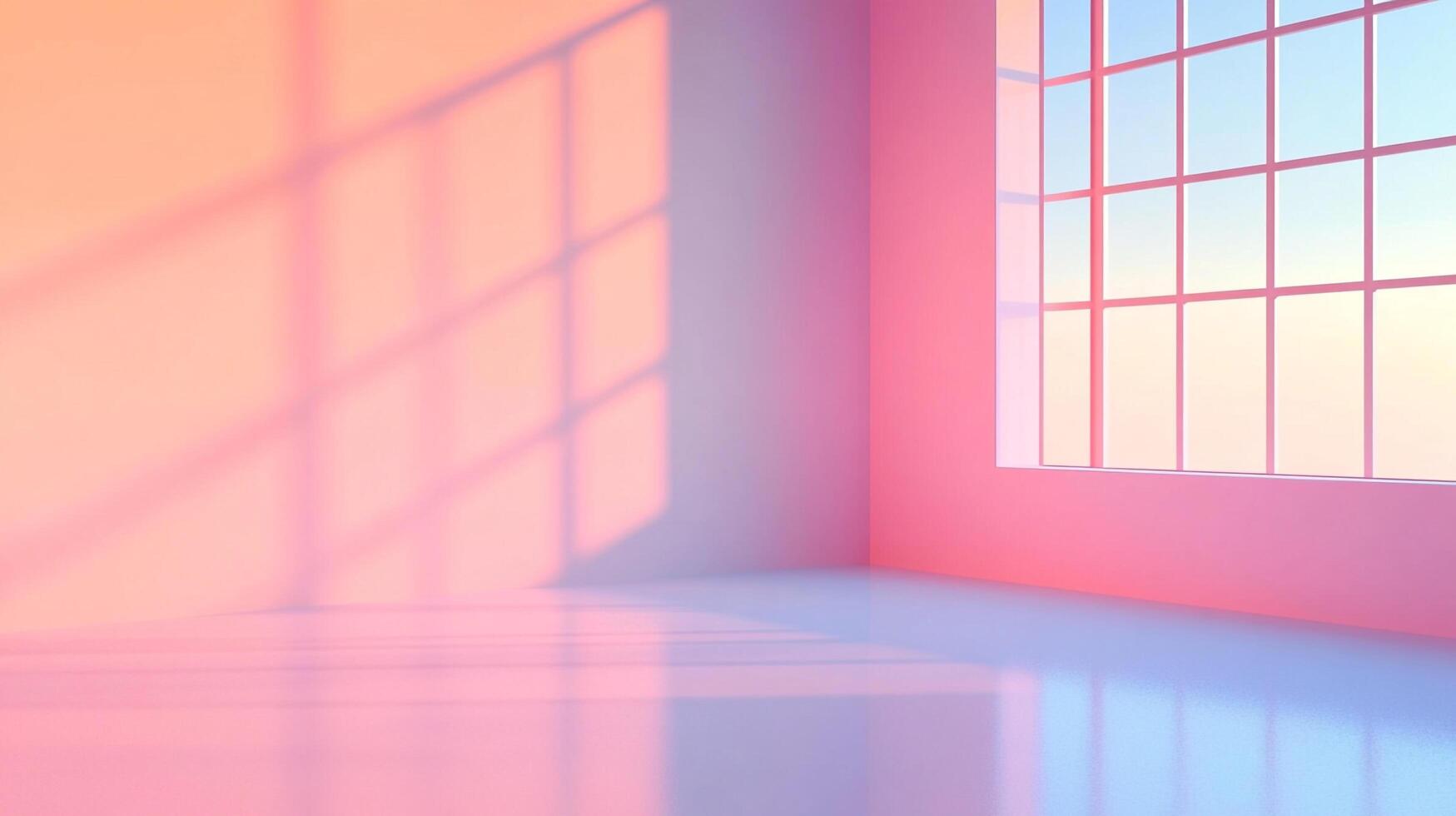 Soft pink room with a large window casting shadows, creating a serene and minimalist atmosphere filled with natural light and pastel hues. photo