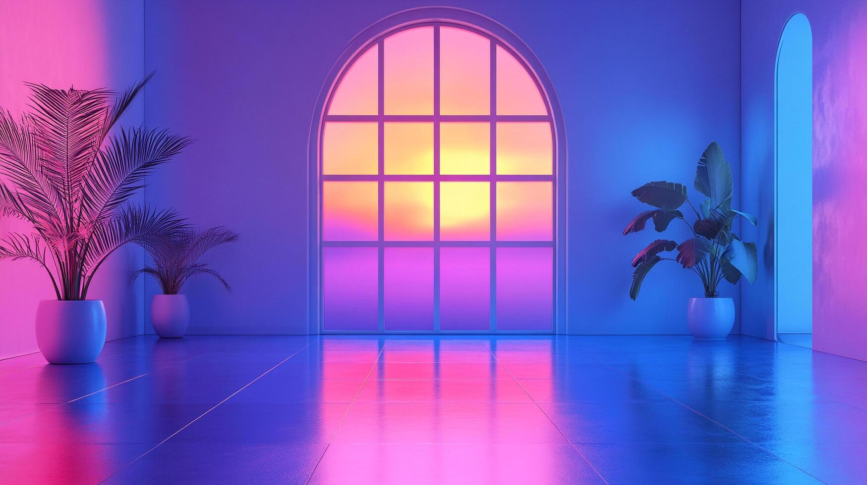 A brightly colored room, featuring plants and a window with soft light, creating a serene, futuristic ambiance. photo