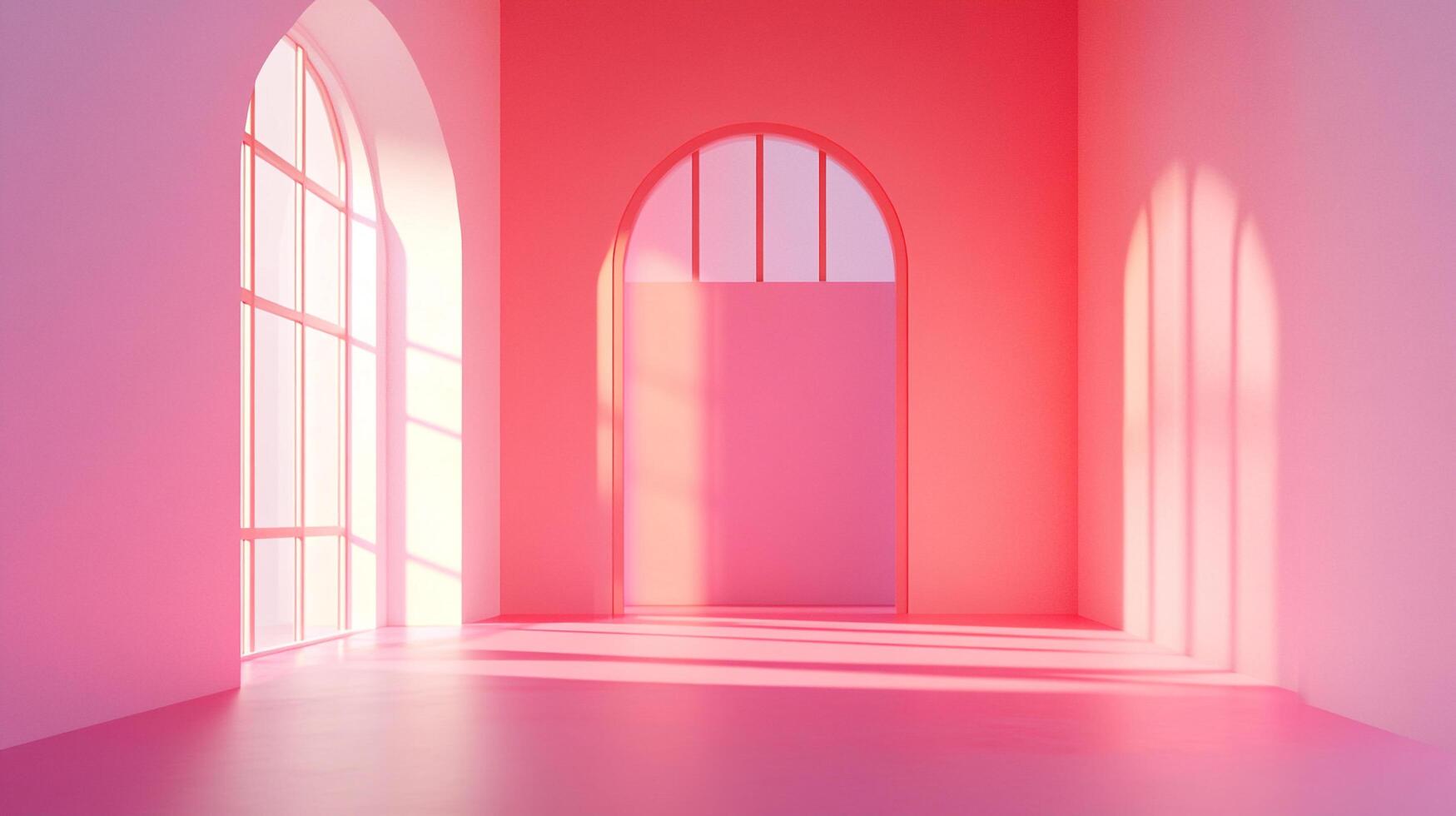 Pink room with archways and sunlight. The sunlight is shining through the windows and archways, creating shadows on the floor. photo