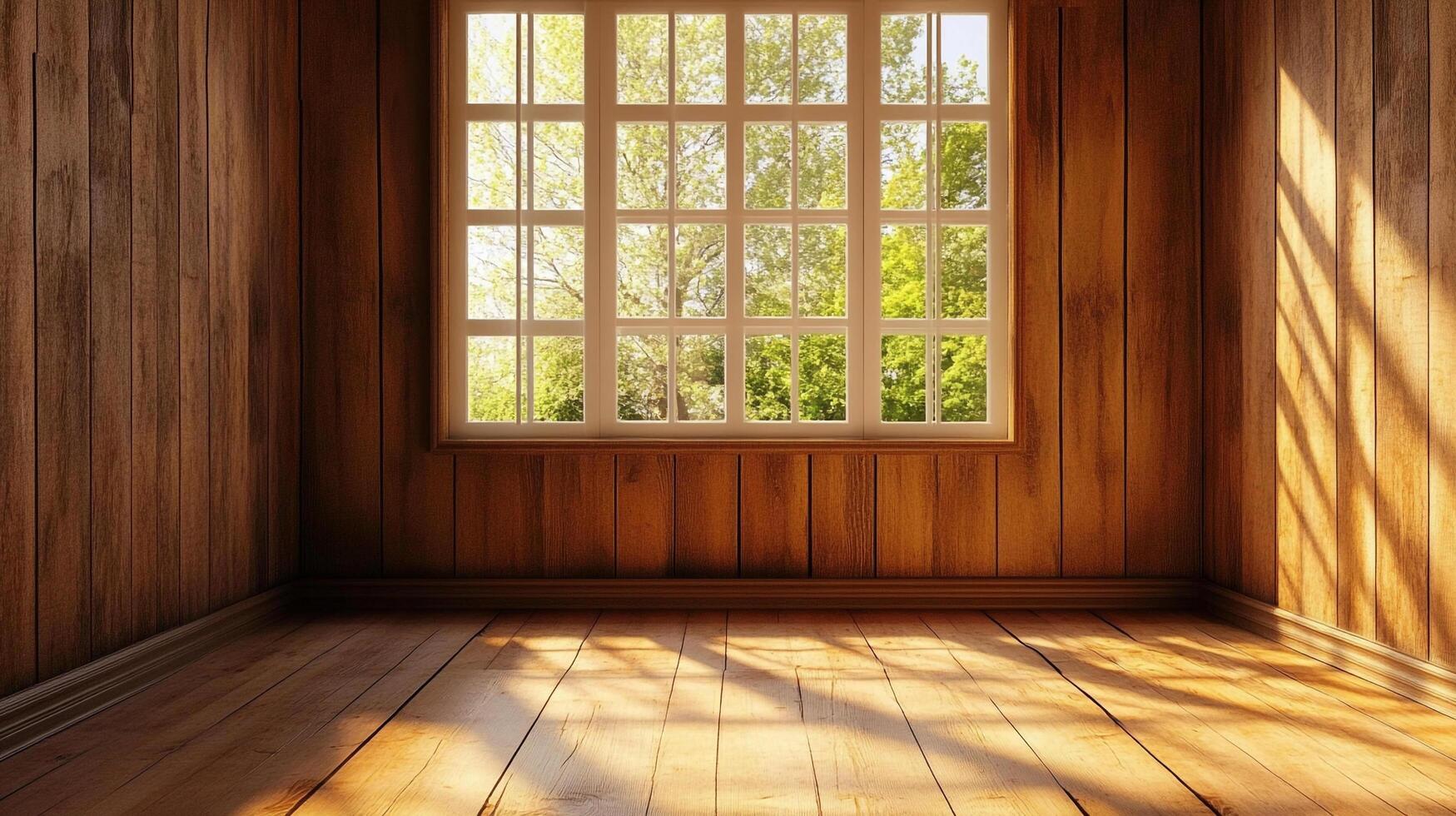 Sunlit wood-paneled room with a large window offering a view of trees, casting shadows across the floor, creating a warm, inviting atmosphere. photo