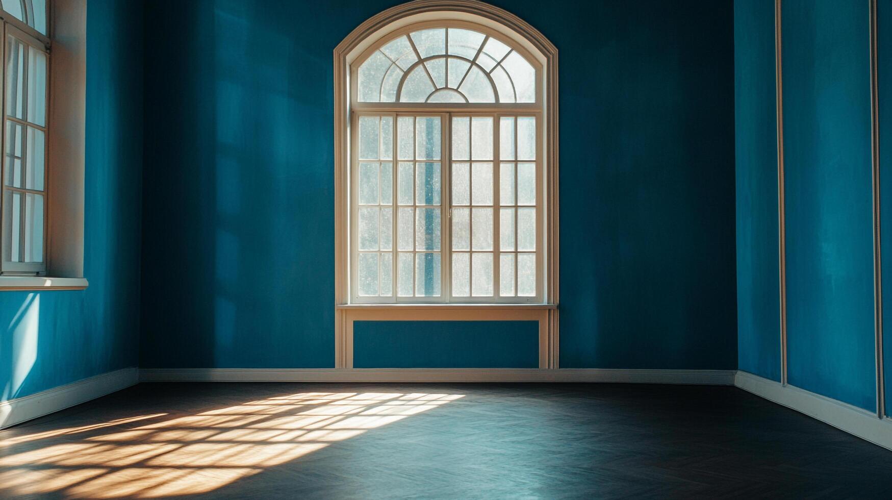 Sunlight streams through a window illuminating an empty room, highlighting its tranquil, peaceful ambiance with soothing blue walls. photo