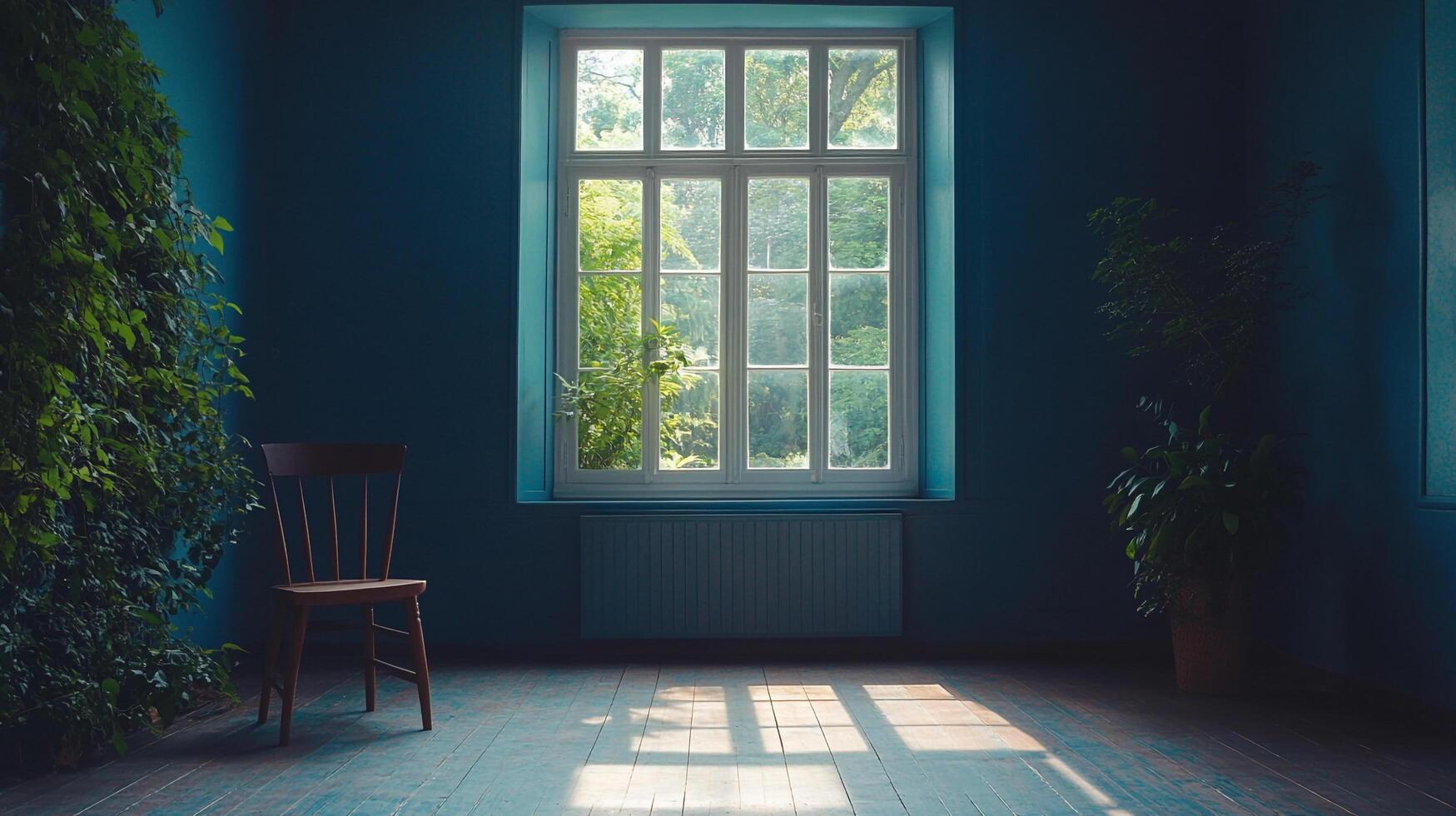 Sunlight streams through a window, illuminating a calm blue room with a vintage wooden chair and lush indoor plants. photo