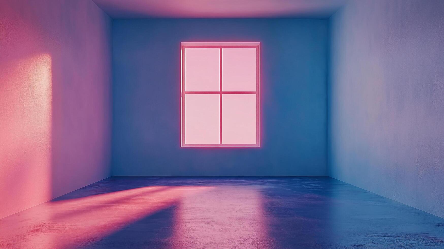 An empty room is bathed in a wash of neon pink and blue light, casting soft shadows across the floor, creating a minimalist and dreamy scene. photo
