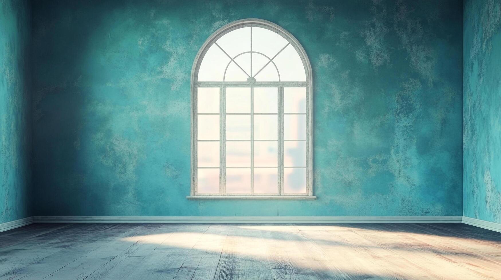 Empty room with turquoise walls, wooden floor, large arched window letting in sunlight, creating a serene and minimalist atmosphere. photo
