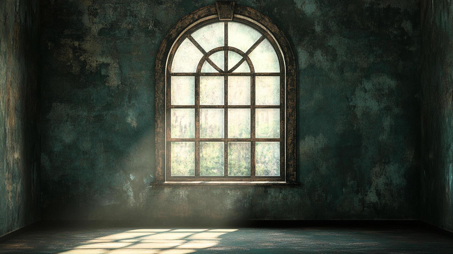 Rustic arched window illuminates a dark room. Sunlight streams in, highlighting aged walls. A sense of isolation and calm pervades the scene. photo