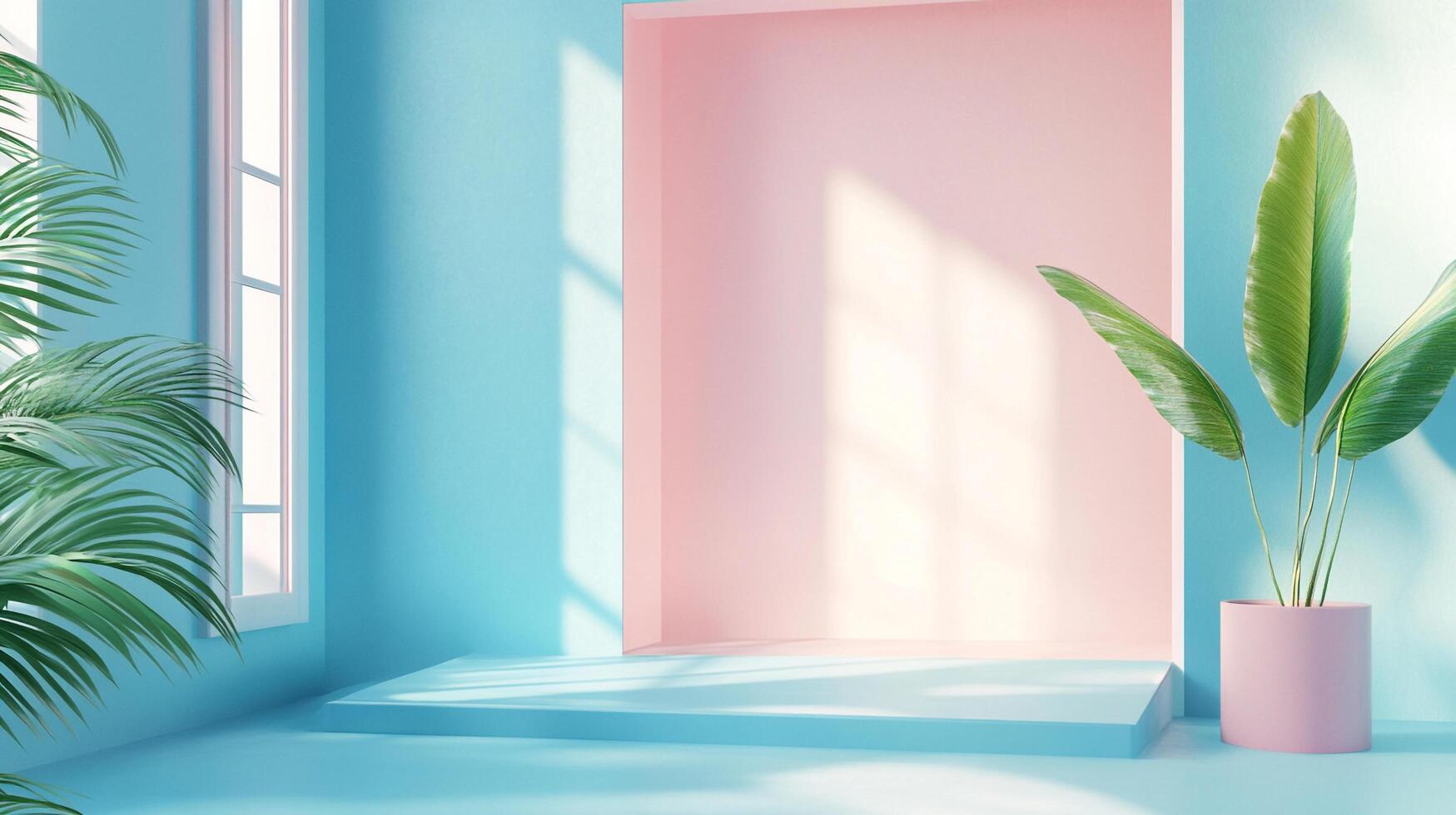 Minimalist indoor studio with pastel colors, featuring plants, soft lighting, and a tranquil atmosphere for creative photography or design concepts. photo
