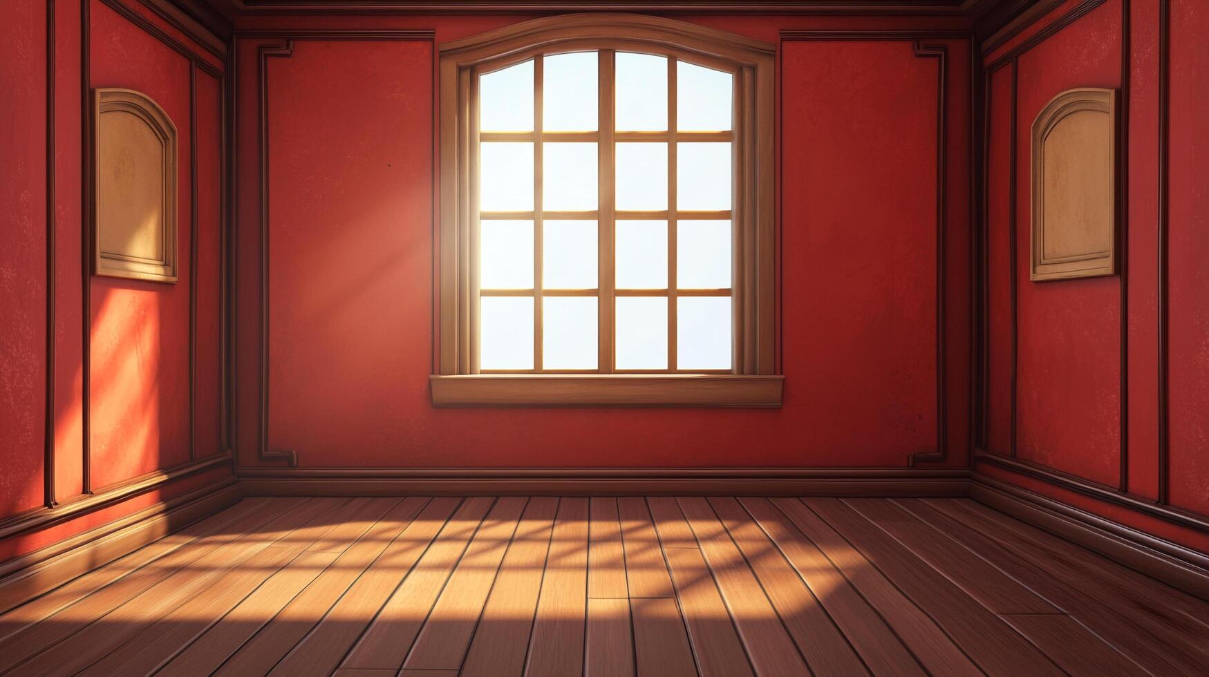 Sunlit room with red walls and a large window, wooden floor, sunlight streams in, creating a warm atmosphere. Interior space view. photo