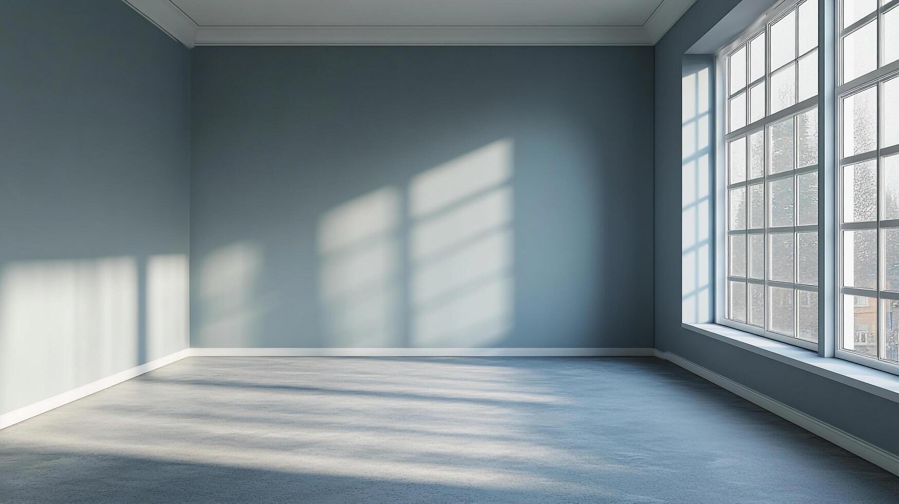 Bright empty room with large window casting light across the floor, walls, and ceiling of the room. The walls are gray-blue. photo