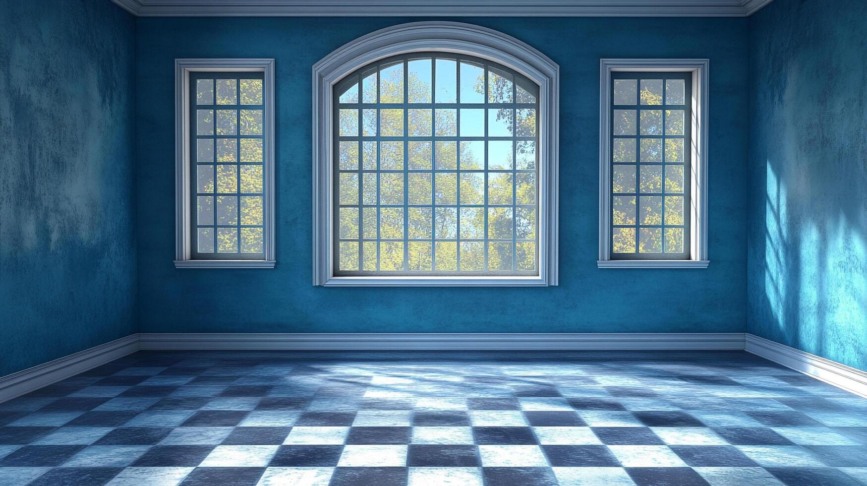 A blue room filled with light shining through three windows. A checkered floor and a white trim adorn the simple room's design. photo
