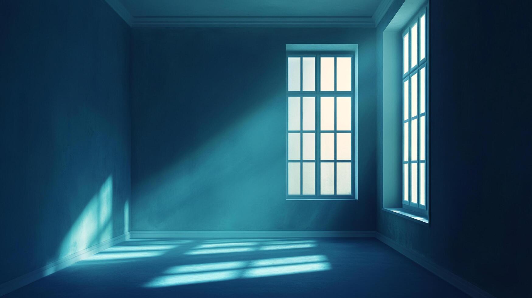Monochromatic serenity radiates within this empty room, light streams through the windows, casting shadows on the floor and walls. Interior space. photo