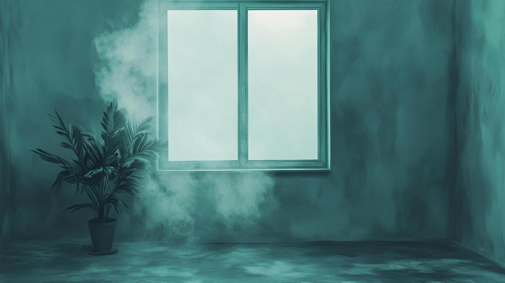 Indoor greenery in a misty room next to a window, creating an eerie yet peaceful ambiance, enhancing the mysterious atmosphere. photo