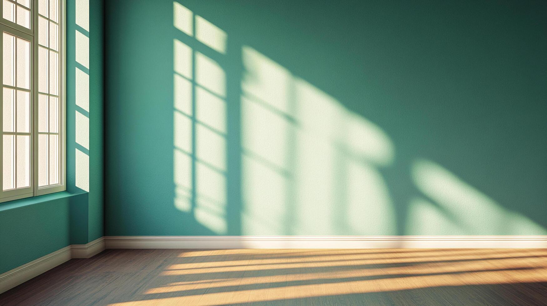 Sunlight streams through a window into an empty room, casting shadows on the teal walls and wood floors, creating a peaceful ambiance. photo