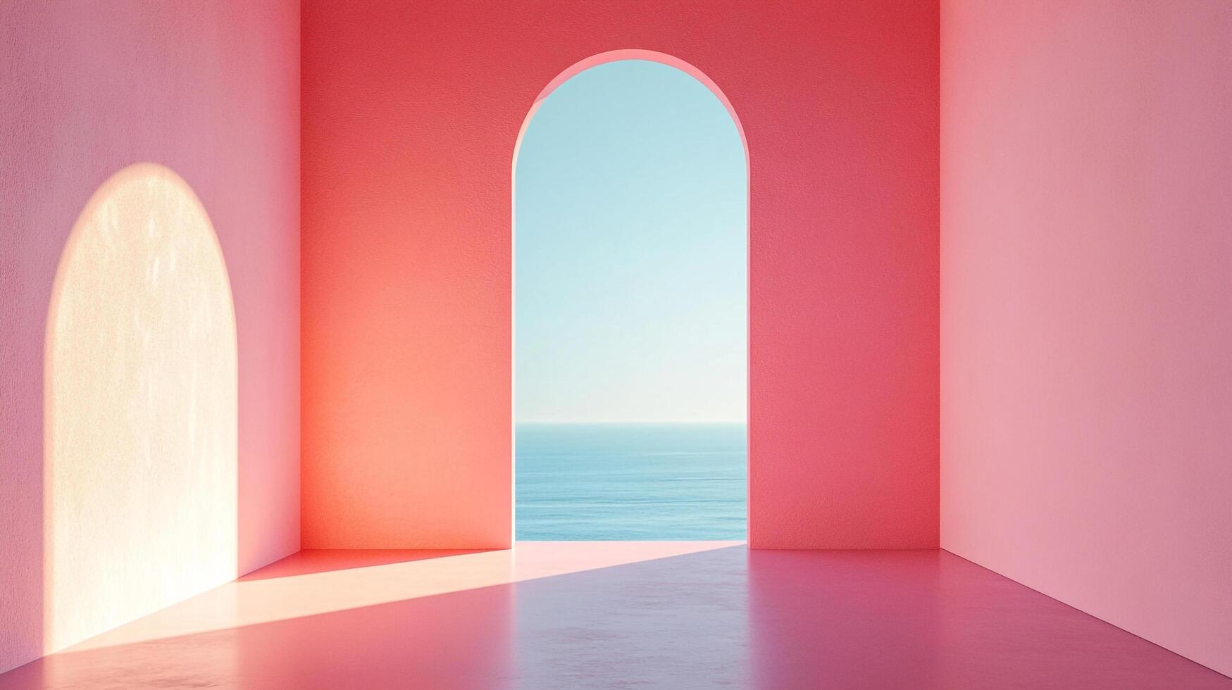 A serene room bathed in soft pink hues, framed by arched doorways offering glimpses of the tranquil ocean and endless blue sky. photo