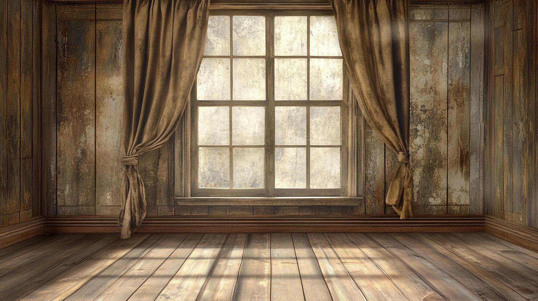 Rustic room featuring a large window adorned with brown curtains, casting light across the weathered wooden floor and panelled walls. photo