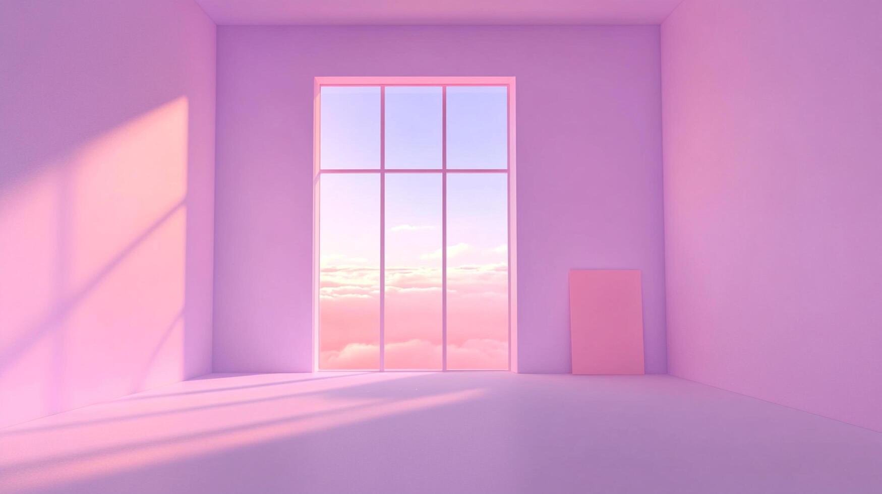 A serene, minimalist room bathed in pastel shades, with sunlight streaming through a large window showcasing clouds and clear sky. photo