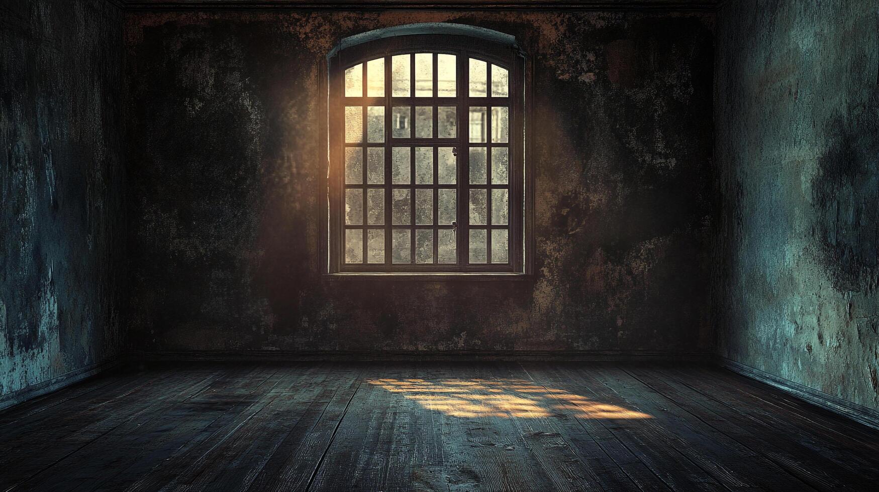 Sunlight streams through a gridded window in a weathered room, illuminating the old wooden floor. Minimalist. Atmospheric. Dark. photo