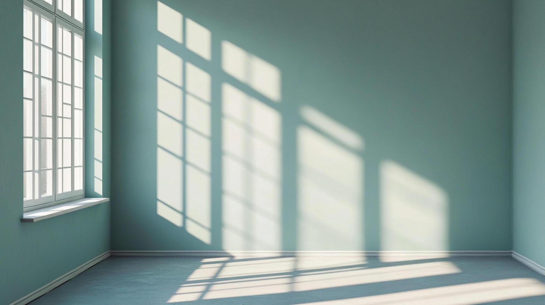 Light streams through a paned window, casting shadows across the blue room. The sunlight illuminates an interior bathed in natural light. photo
