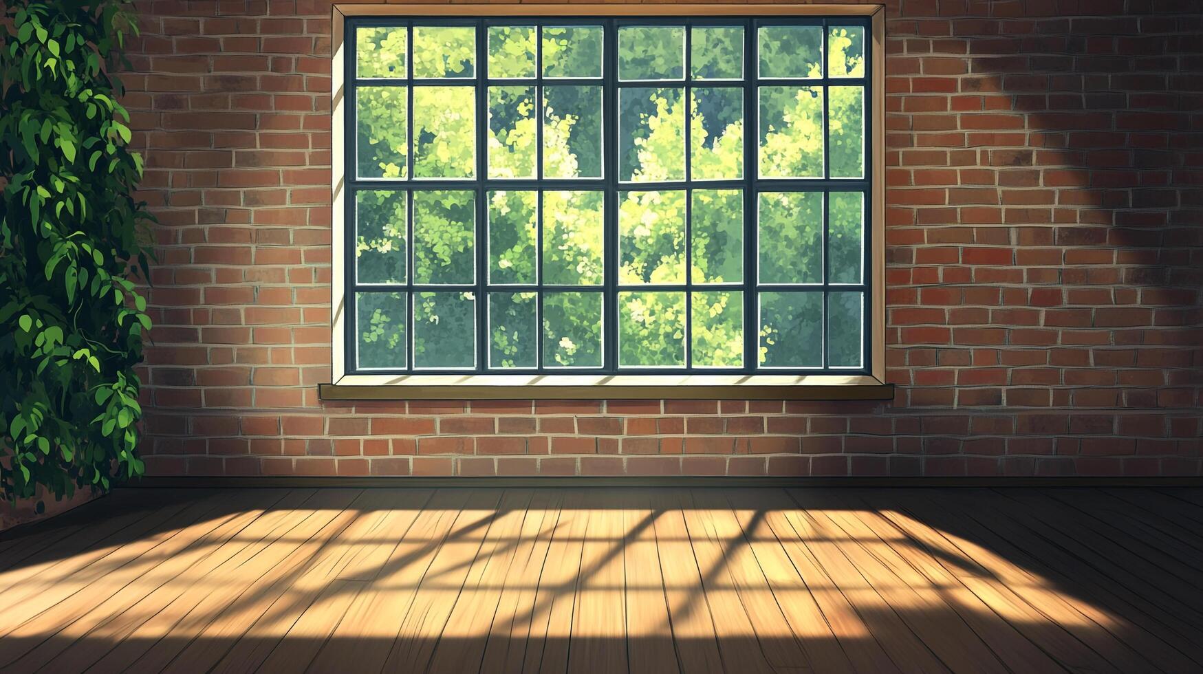 Sunlit brick wall room with large window and wooden floor, featuring a leafy plant on the side, creating a serene ambiance. photo