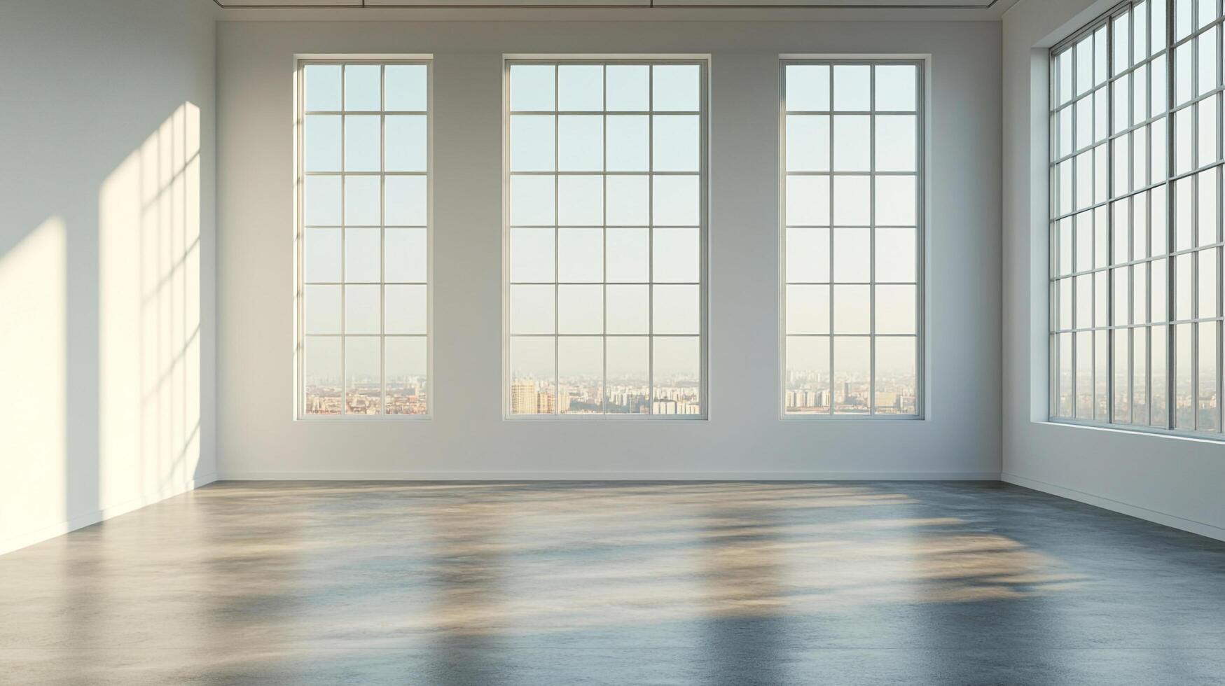 Bright empty room with large windows and sunlight shining on floor, offering scenic city view from inside modern minimal interior. photo