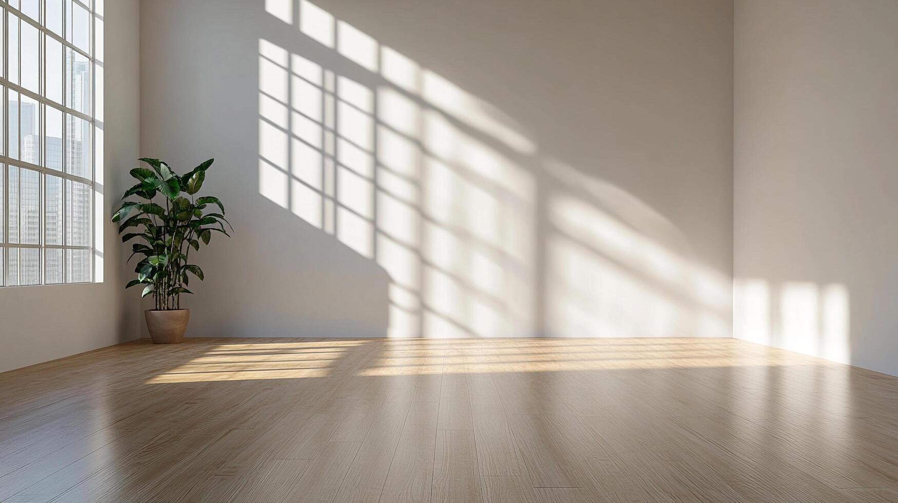 Bright room with plant and sunlight. Modern, minimalist interior design with an emphasis on light and shadow. Wood floors and clean, neutral walls. photo