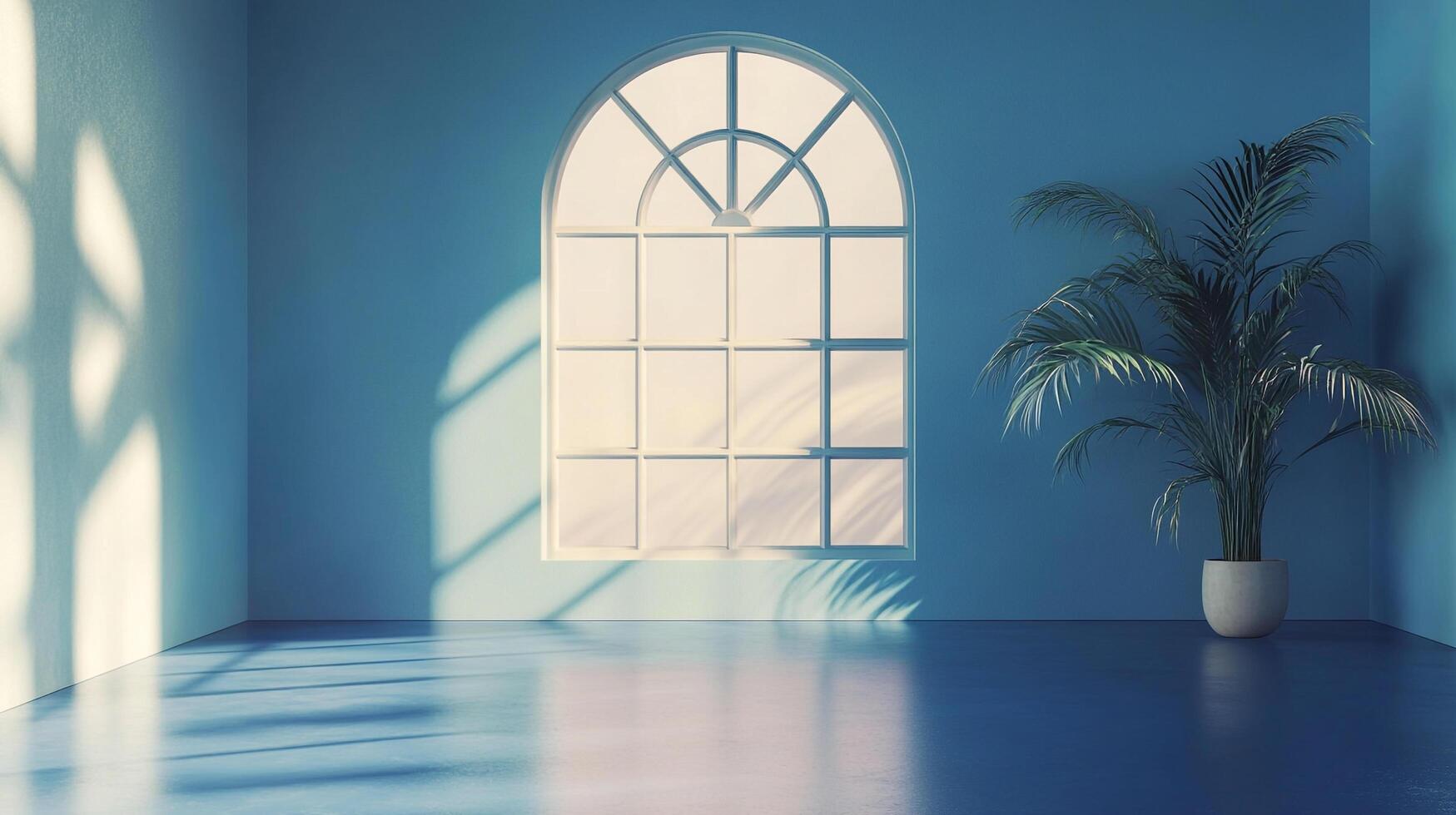 An airy room in hues of calming blue, featuring a large window with a light-filled view and a potted plant to add to a calm atmosphere. photo