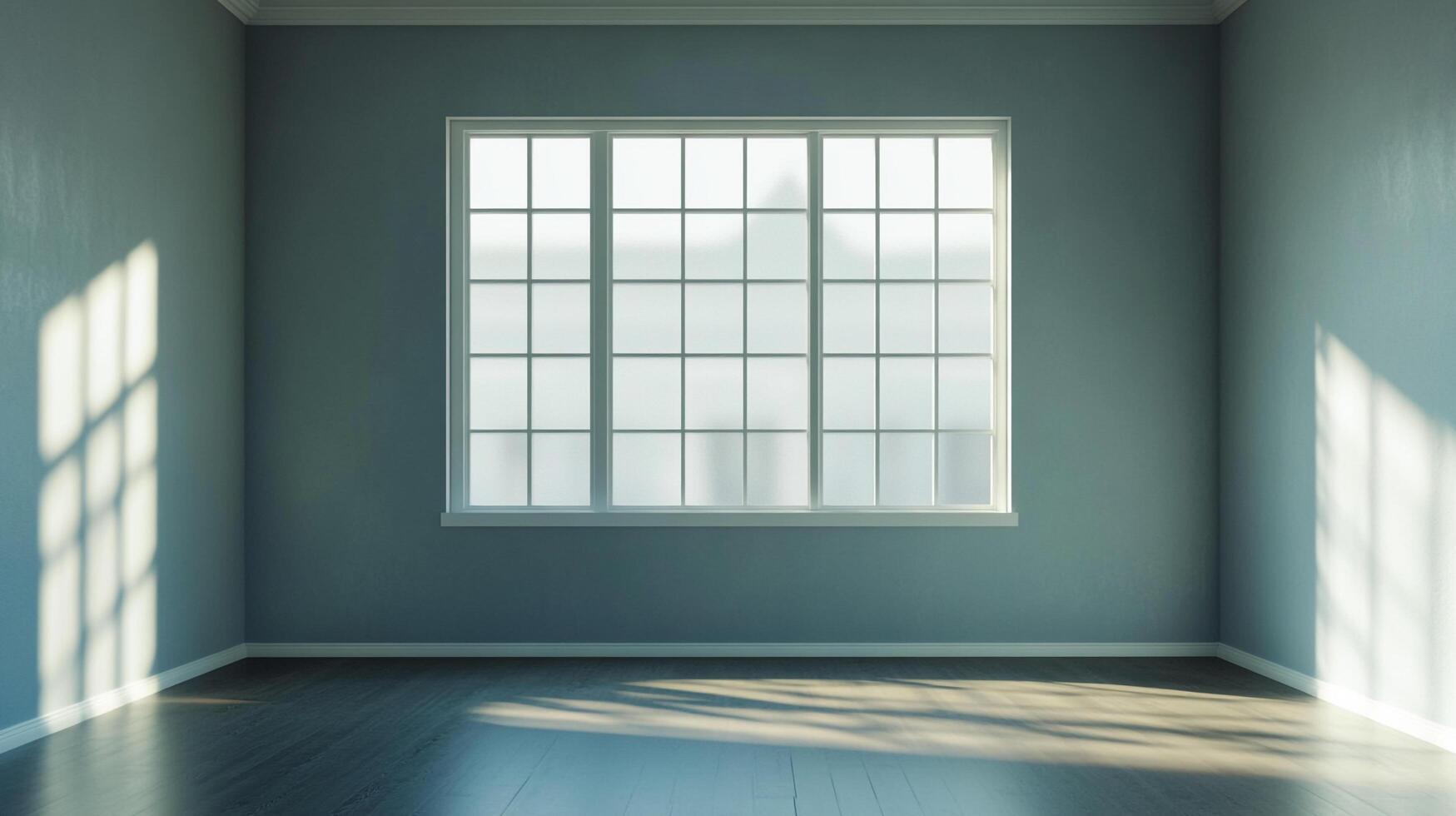 Sunlight streams through a gridded window, casting shadows across the hardwood floor in an empty room with muted blue walls and simple trim. photo