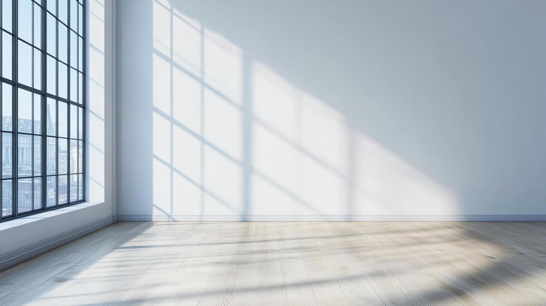 Bright spacious room with large window casting interesting light patterns on the hardwood floor and white wall, creating a modern minimalistic space. photo