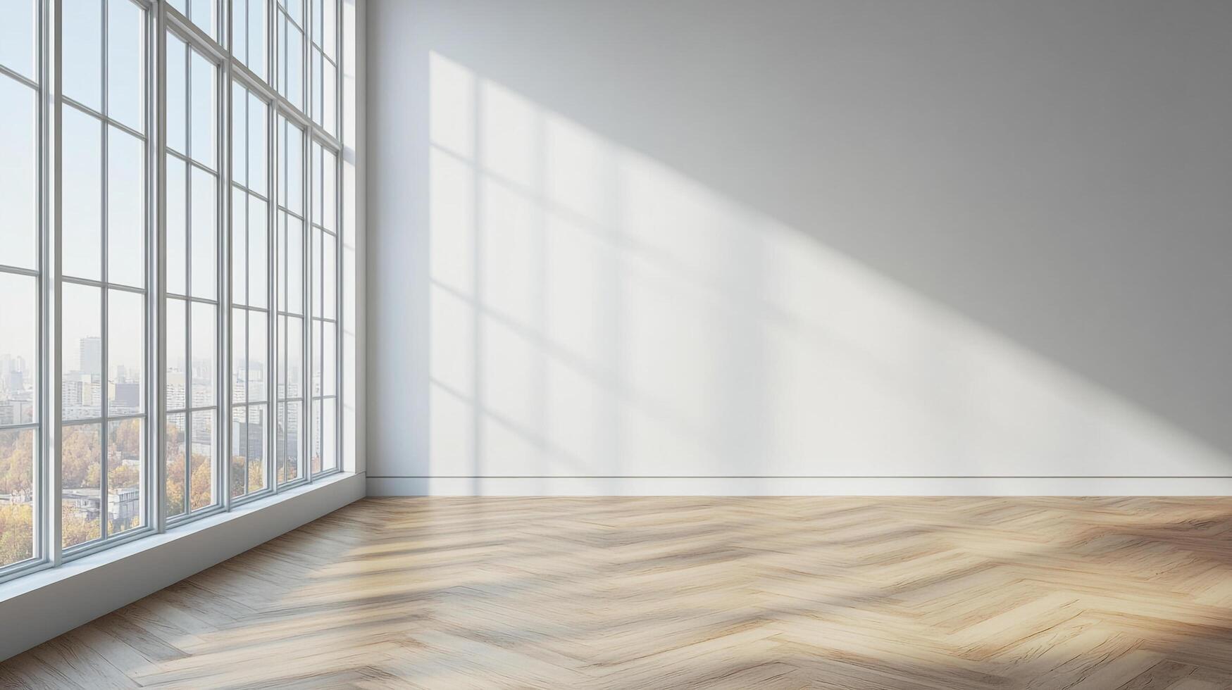 Bright, sunlit room with large window and herringbone wood floor, offering a minimalist and elegant space with sunlight accents on the wall. photo