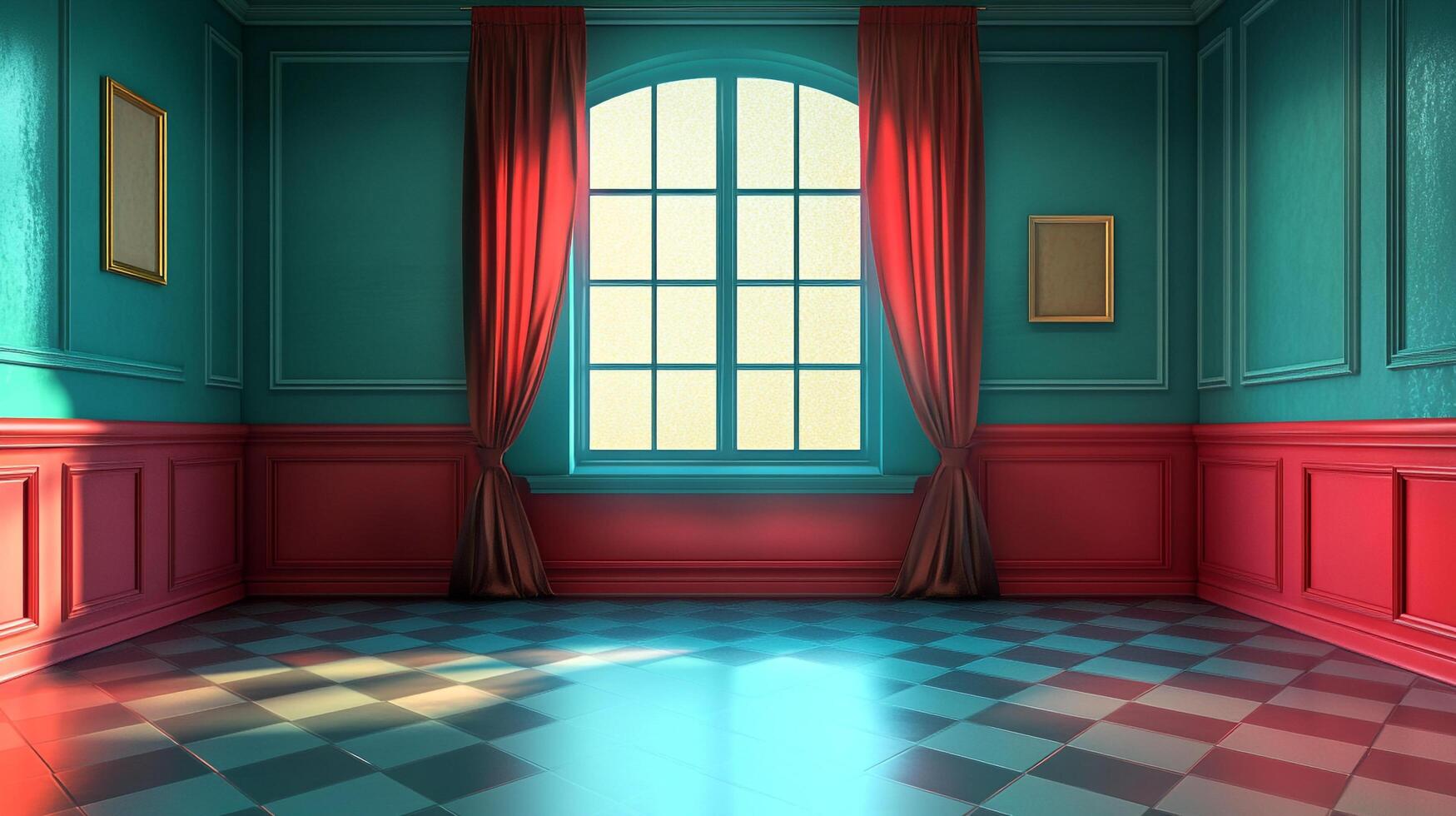Elegant room with checkerboard floor, red drapes, and large arched window, exuding sophistication and style. Interior design perfection. photo