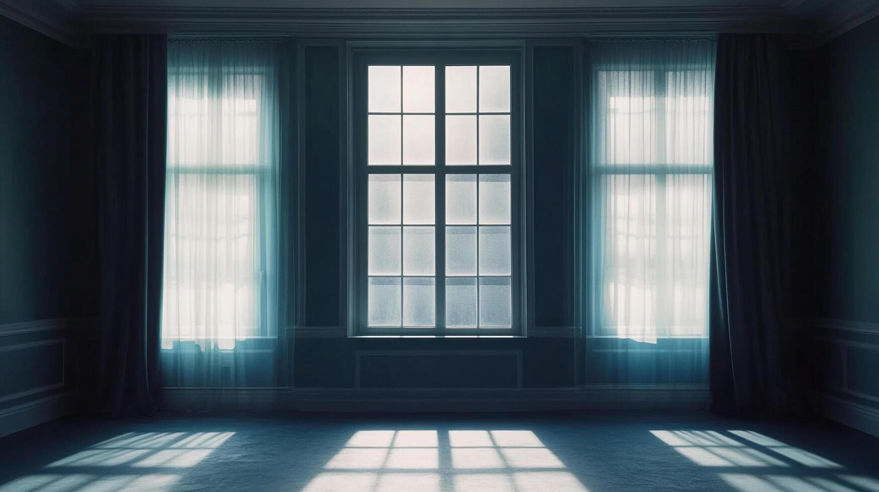 Elegant interior with tall windows, sheer curtains, and soft shadows creating a serene and calming atmosphere. Blue and white tones. photo
