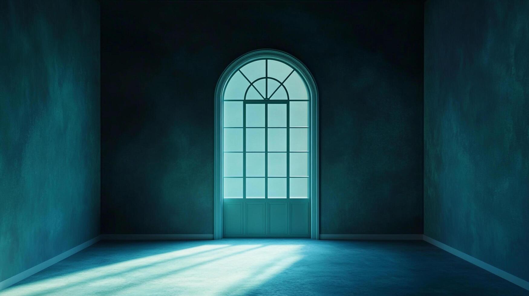 An eerie aquamarine room featuring an arched window, radiating mystery and architectural intrigue, a space where light dances on the walls. photo