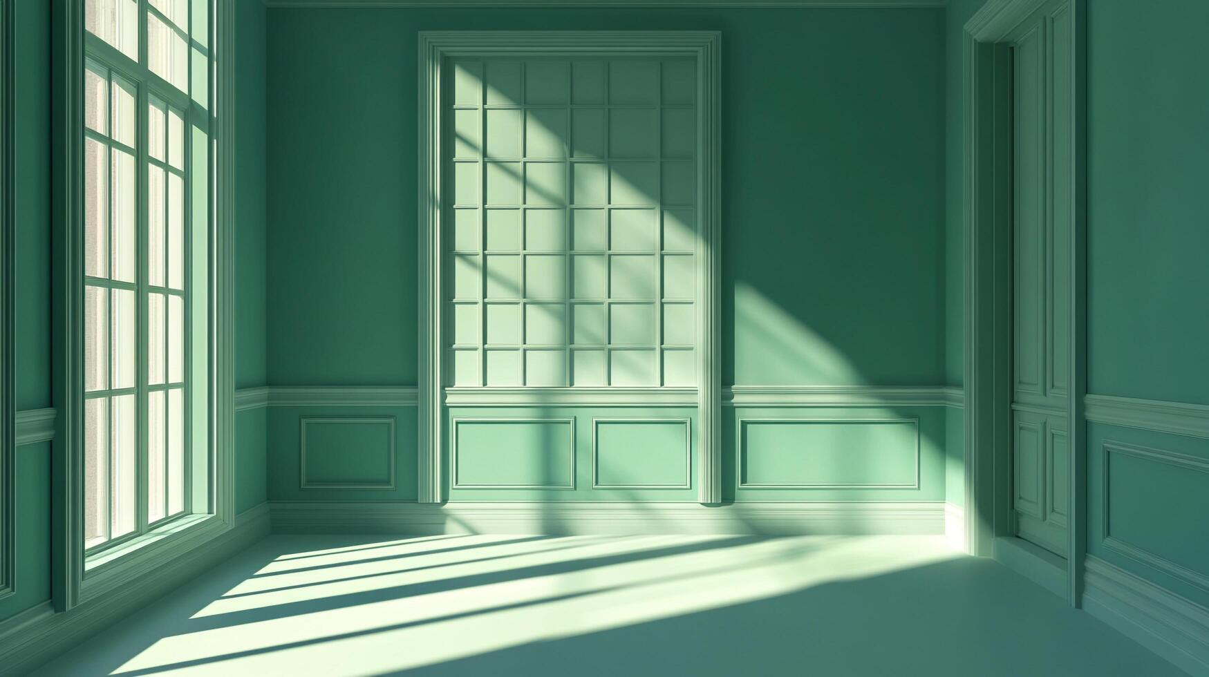 Serene green room bathed in sunlight, intricate window details cast striking shadows, creating a minimalist and tranquil ambiance. photo
