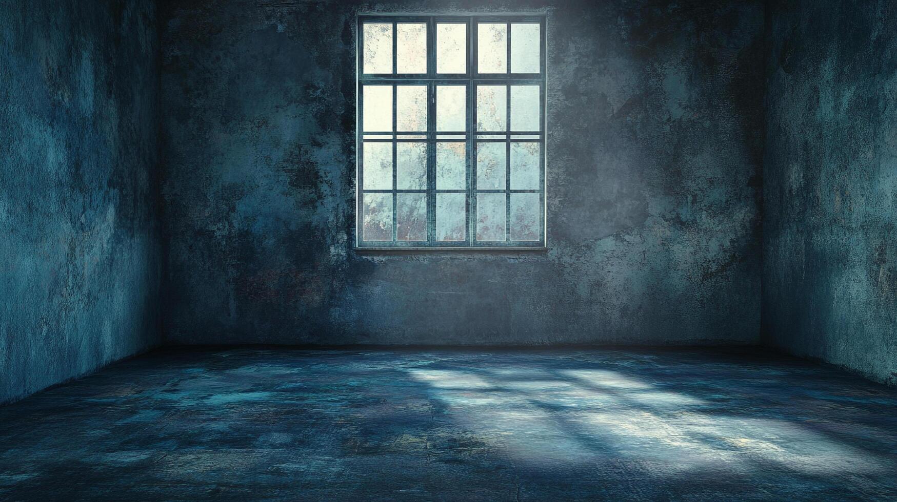 Empty blue hued grunge room interior with sunlight streaming through the window creating an eerie ambiance and highlighting the textured floor. photo
