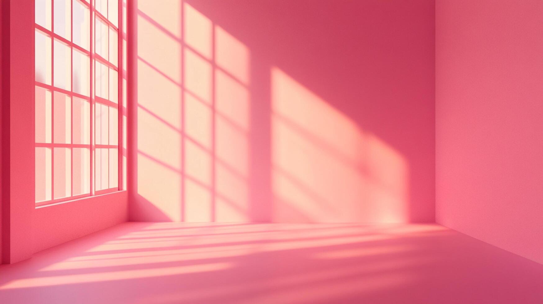 Soft pink room illuminated by window light, casting a warm glow. Simple, minimalist interior evokes serenity and calm. Ideal blank canvas. photo