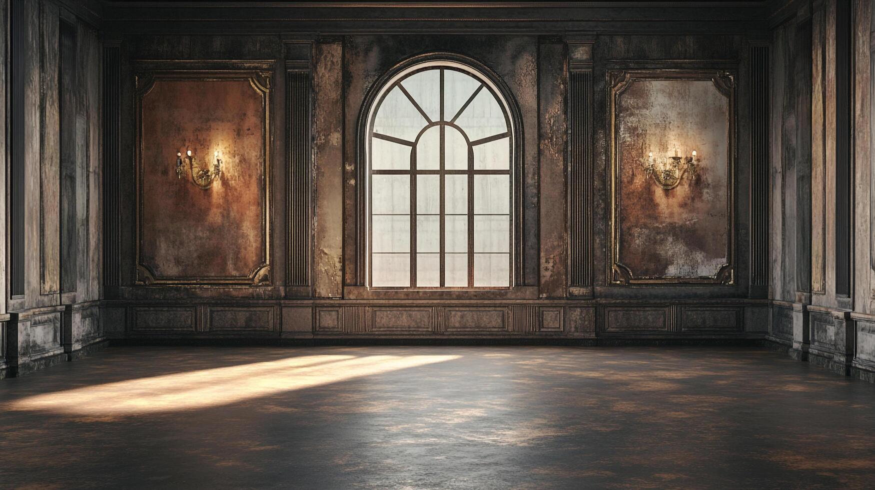 An ornate hall with decorative walls, sconces, and a large window letting in sunlight, creating an elegant, antiquated atmosphere. photo