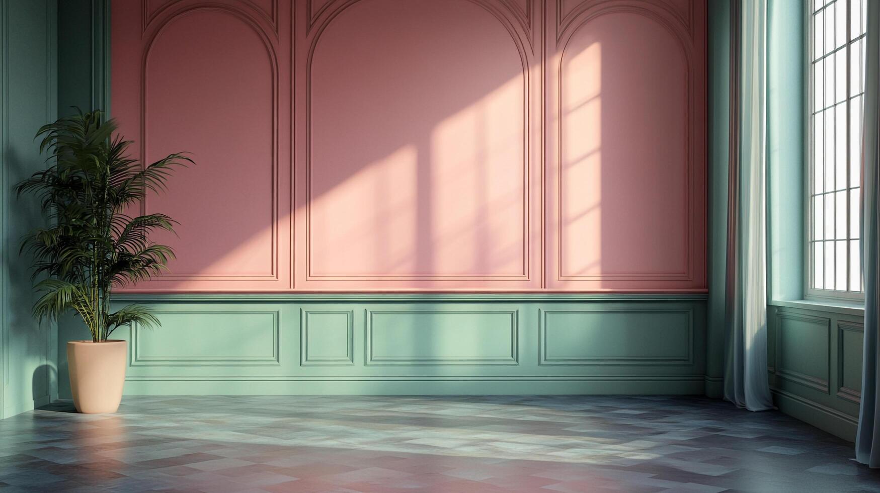 Elegant interior featuring pastel pink and green walls with ornate paneling, a potted plant, and sunlight streaming through a window. photo