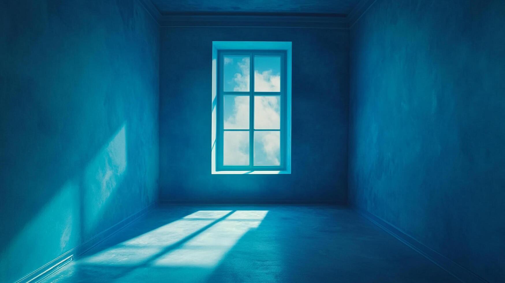 Blue room with a window to a bright sky. Light spills onto the floor from the window, creating long, dramatic shadows and highlights. photo