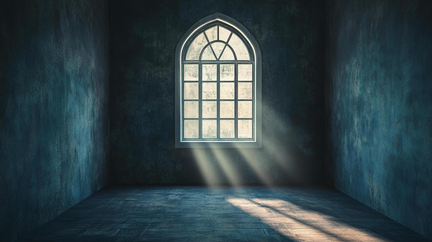Sunlight streams through an arched window in a stark room, highlighting the texture of the walls and floor in a dramatic display of light and shadow. photo