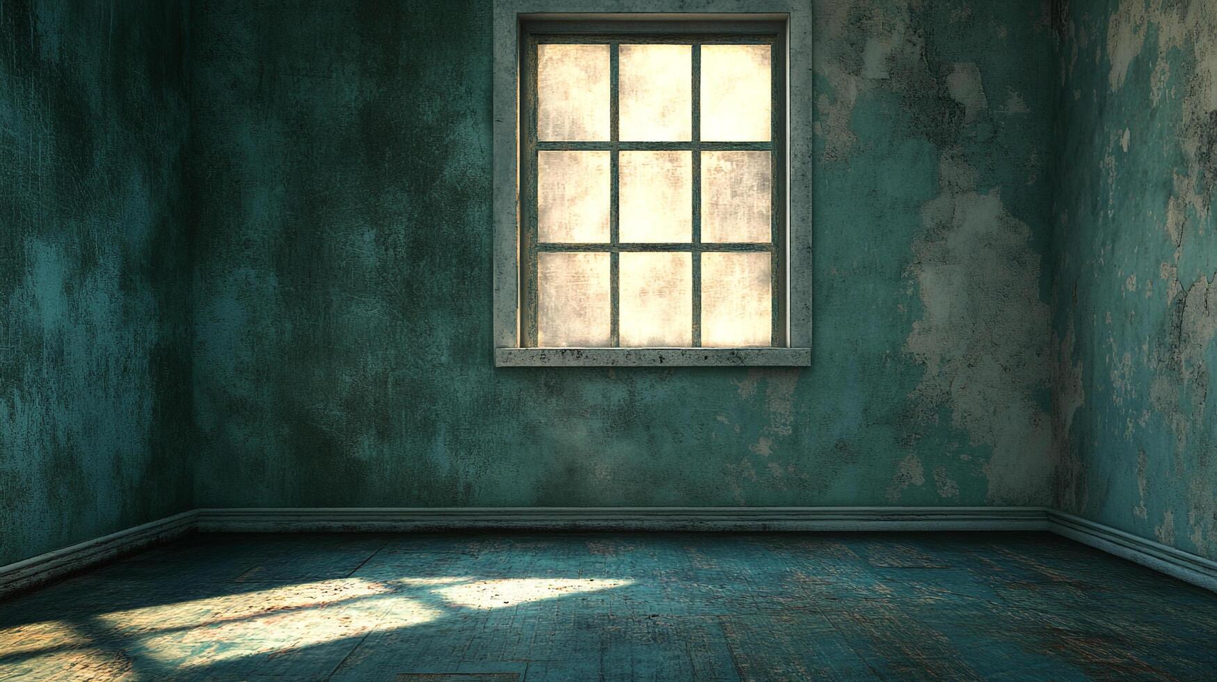 Old room with peeling teal paint and light through the window, creating contrast in the empty space. Focus on texture and decay. photo