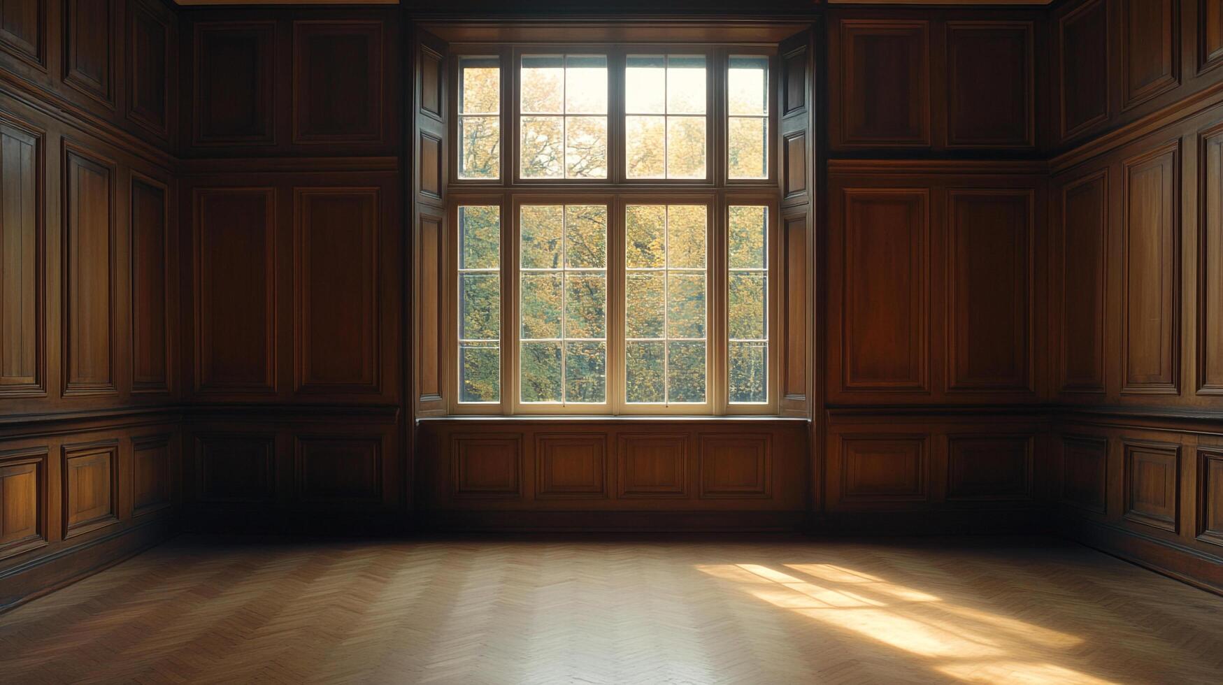 Classic paneled room features natural sunlight through grand window, illuminating herringbone floor. Elegant backdrop for diverse occasions. photo